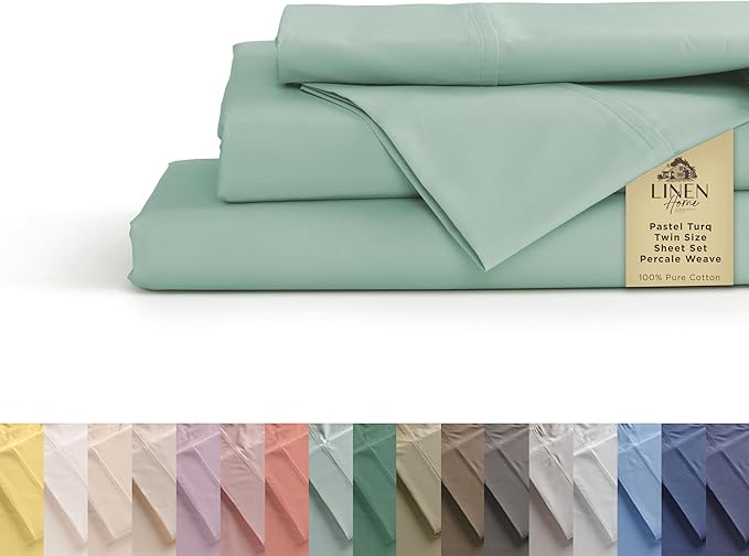 Linen Home 100% Cotton Percale Sheets Twin Size, Pastel Turk, Deep Pocket by LINENHOME