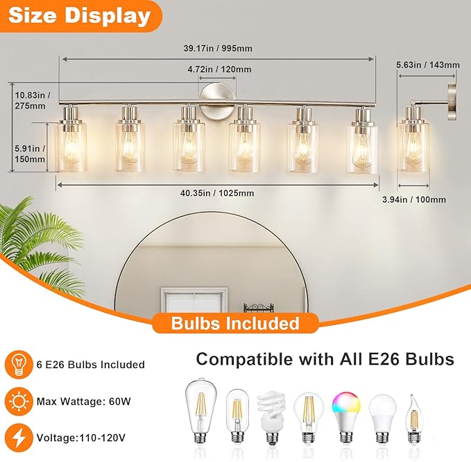 DLLT 6-Light Bathroom Light Fixtures: Nickel Modern Vanity Lights - Image 3