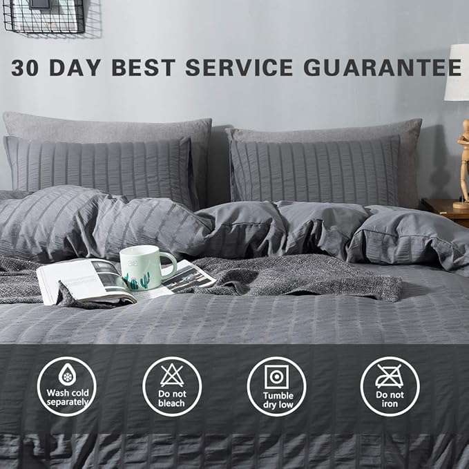 AveLom Seersucker Duvet Cover Set King Size, 3 Pieces, Dark Gray Ultra Soft - Image 7