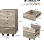 VINGLI 3-Drawer File Cabinet with Lock, Wood Rolling Under Desk File Cabinets for Home Office, Mobile Printer Stand & Filing Organizer for Letter Sized Files, 26" H(Caster Included), Rustic Gray