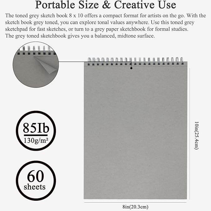 Fuxi Toned Gray Sketchbook 8x10, 60 Sheets (85lb/130gsm) Acid-Free Drawing Paper, Spiral Bound Sketch Pads for Drawing, Pencil, Charcoal, Colored Pencils & Anime Illustration.