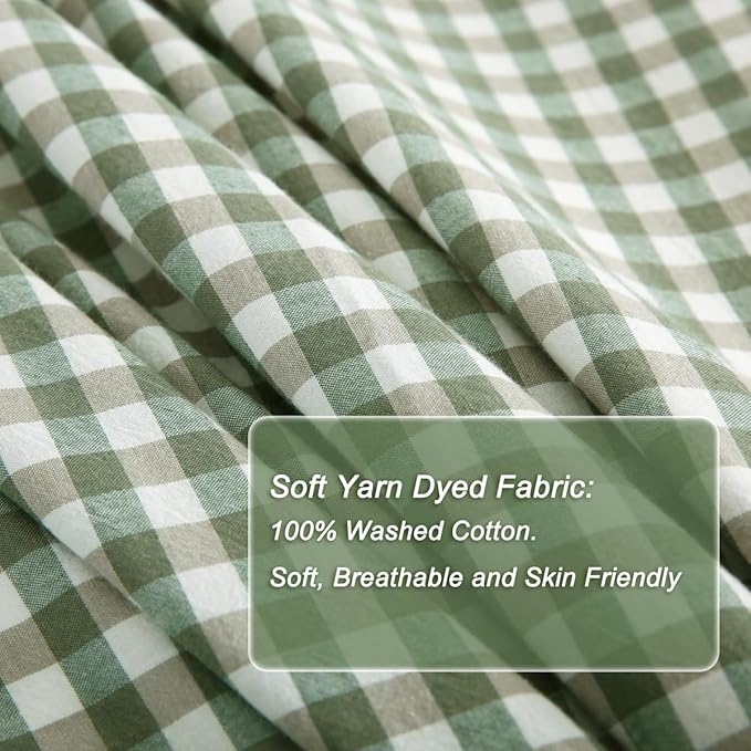 Silnuo Sage Green/White Plaid Ruffle Duvet Cover Full Size, 100% Washed Cotton - Image 6