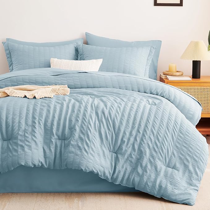 CozyLux King Size Comforter Set Light Blue Seersucker 7 Pieces Bed in a Bag - Image 9