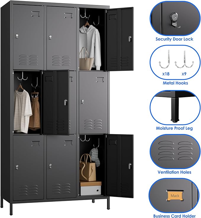 SUPEER 9 Doors Metal Lockers for Employees with 18 Hooks,Metal Lockers with Business Card Holder for School Garage Office Gym Home,Assembly Required,Black