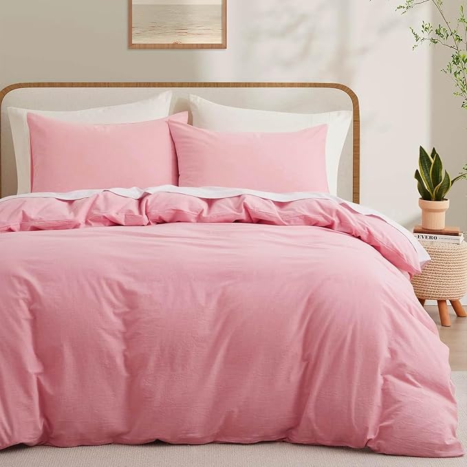 LOVQUE Pink Cotton Duvet Cover King Size, Linen Like Natural Bedding Set by LOVQUE