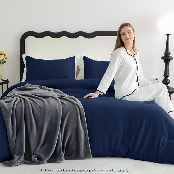 CozyLux Queen Comforter Set Navy Blue, 3 Pieces Solid Comforters Queen Size - Image 9