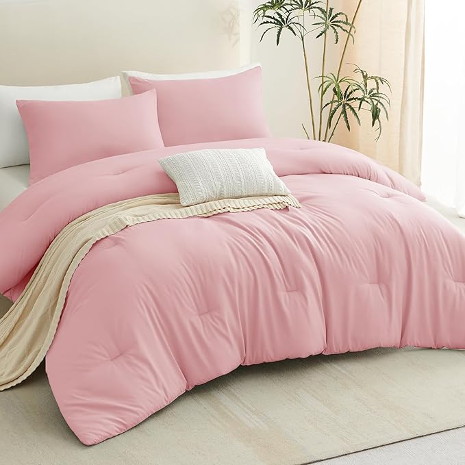 CozyLux Queen Comforter Set Pink, 3 Pieces Solid Comforters Queen Size - Image 9