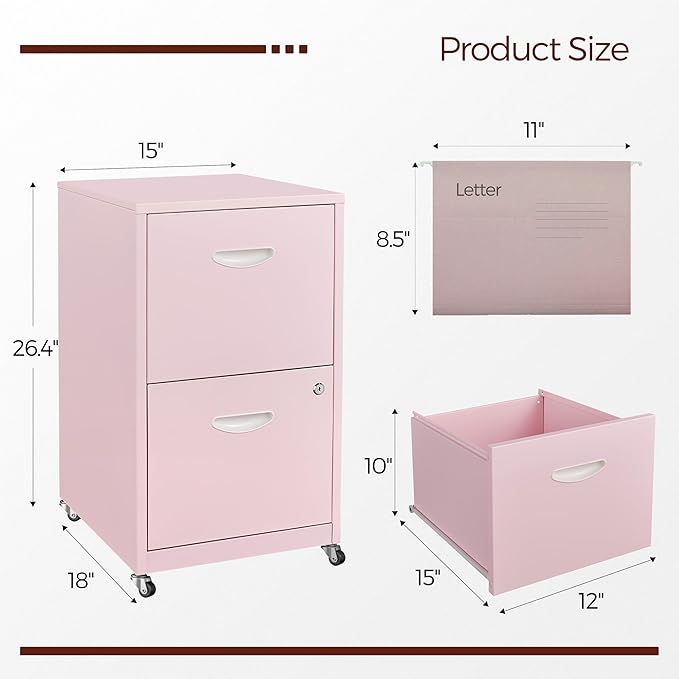 Kubohogar 2 Drawer Mobile File Cabinet with Lock, Pink Metal Filing Cabinets with Wheels, Vertical Rolling File Cabinet Fit Hanging Files, Letter and A4 Documents