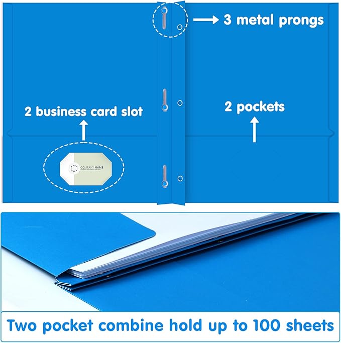 Two Pocket Folder, HERKKA 100 Pack 2 Pocket Folders with Prongs, Business Card Slots Letter Size Paper Folders Designed for Office and Classroom Use, Assorted 5 Colors