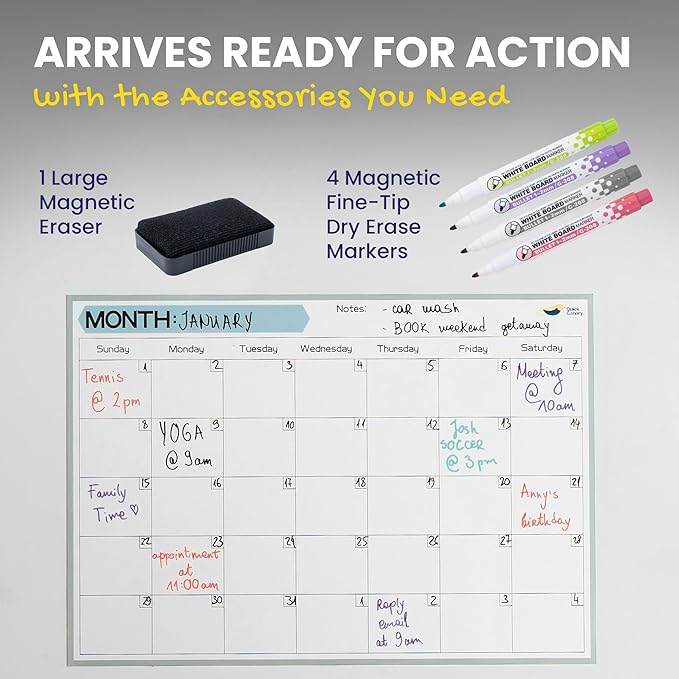 Monthly Magnetic Calendar for Refrigerator - 17x12” Stain-Resistant Dry Erase Fridge Calendar Whiteboard with Large Writing Space for Schedules, Chores & Meals - With 4 Markers & Eraser - Sunday Start