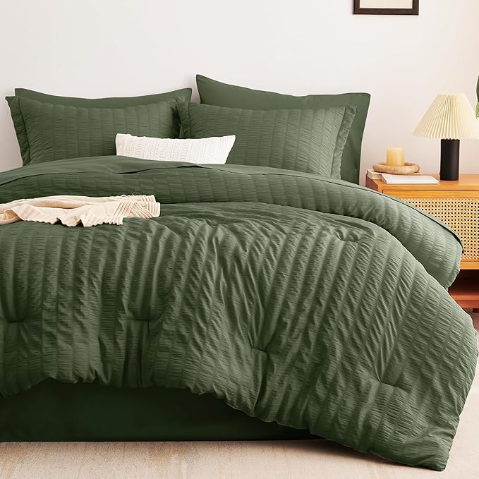 CozyLux Oversized King Comforter Set Olive Green Seersucker 7 Pieces Bed in a - Image 9
