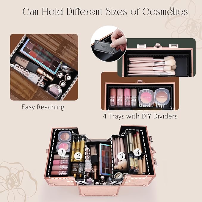 FRENESSA Makeup Train Case Cosmetic Box Portable Makeup Case Organizer 4 Trays - Image 2