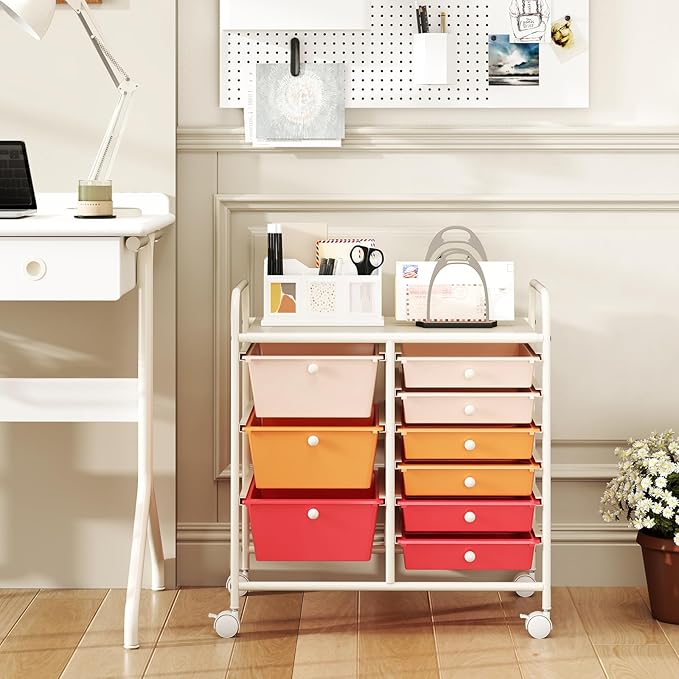 GOFLAME 9-Drawer Rolling Storage Cart, Mobile Utility Cart with Removable Drawers & Metal Frame, Art Craft Organizer Cart with Lockable Wheels, Storage Drawer Cart for Home Office, Macaron Color
