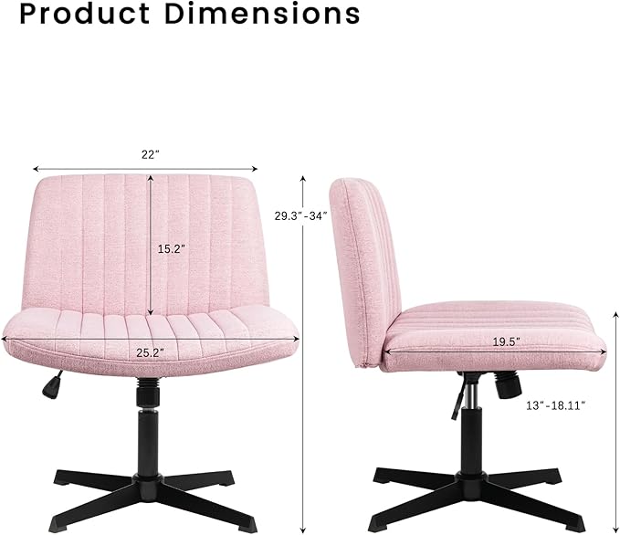 PUKAMI Criss Cross Chair,Armless Cross Legged Office Desk Chair No Wheels,Fabric Padded Modern Swivel Height Adjustable Mid Back Wide Seat Computer Task Vanity Chair for Home Office(Pink)