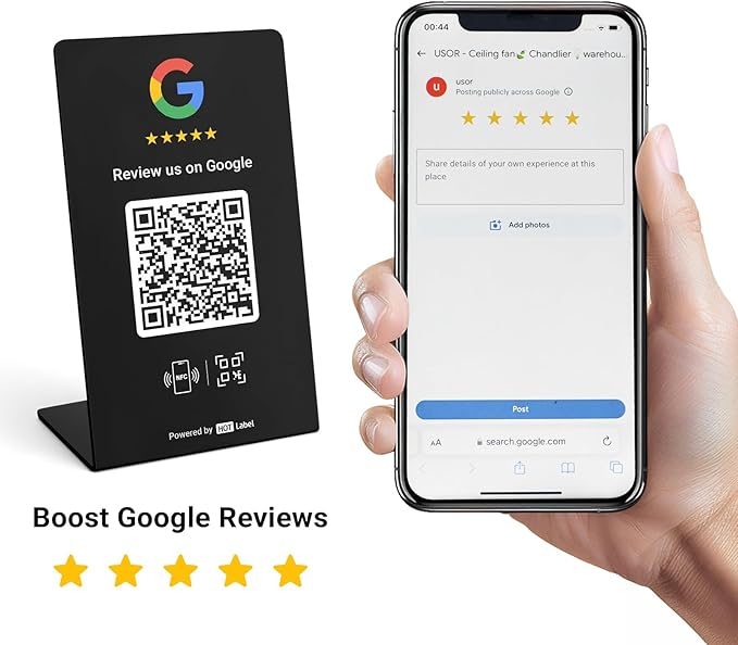 HotLabel – Google Review Stand 3-Pack + Bonus Google Review Tap Card 3-Pack – Black – NFC Tap & QR Code – Supports 6 Different Stores or Same – All Phones Compatible – No App/Subscription