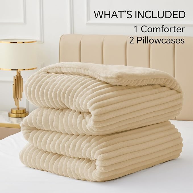 BEDELITE Fleece King Comforter Set -Super Soft & Warm Fluffy Beige Bedding - Image 6