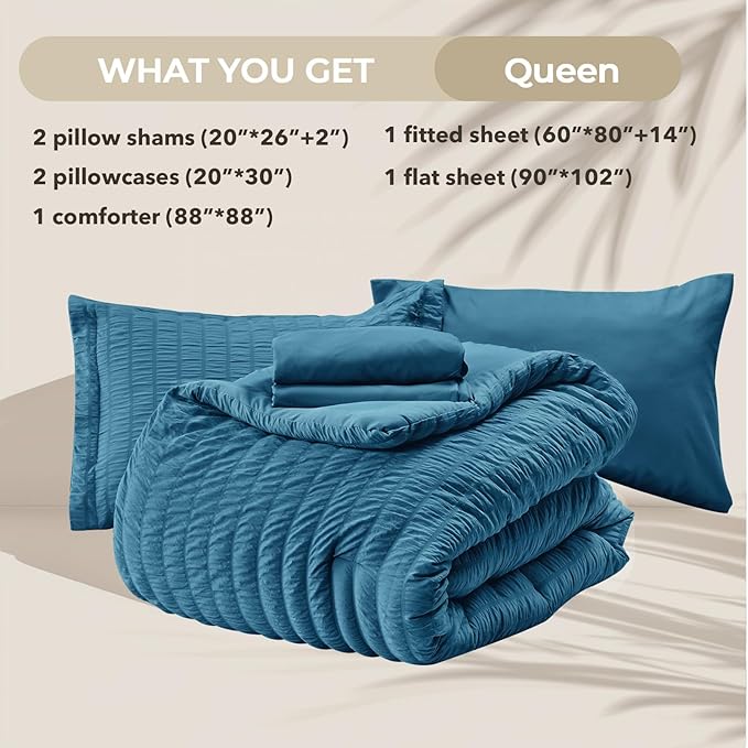 HYMOKEGE Teal Queen Comforter Set Seersucker 7 Pieces, All Season Luxury Bed in - Image 6