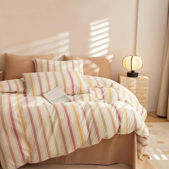 mixinni Vintage Striped Duvet Cover Set Twin, 3-Piece Washed Cotton Bedding Set - Image 6