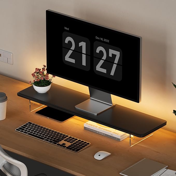 AFOOYO Monitor Stand Riser,31.5-Inch LED Light Wood Computer Monitor Stand with Adjustable Acrylic Legs,Desk Accessories Desktop Organizer Stand for, Computer,Laptop,Printer,PC TV Screen Riser,Black