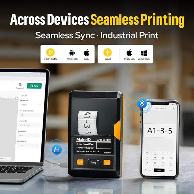 MakeID EP53 Label Maker with Hard Case, Portable Industrial 2" Print Head Bluetooth Label Printer, Mobile APP & PC Editor Compatible, 2000mAh Li-ion Battery, Come with 3 Label Cartridges for Job Sites