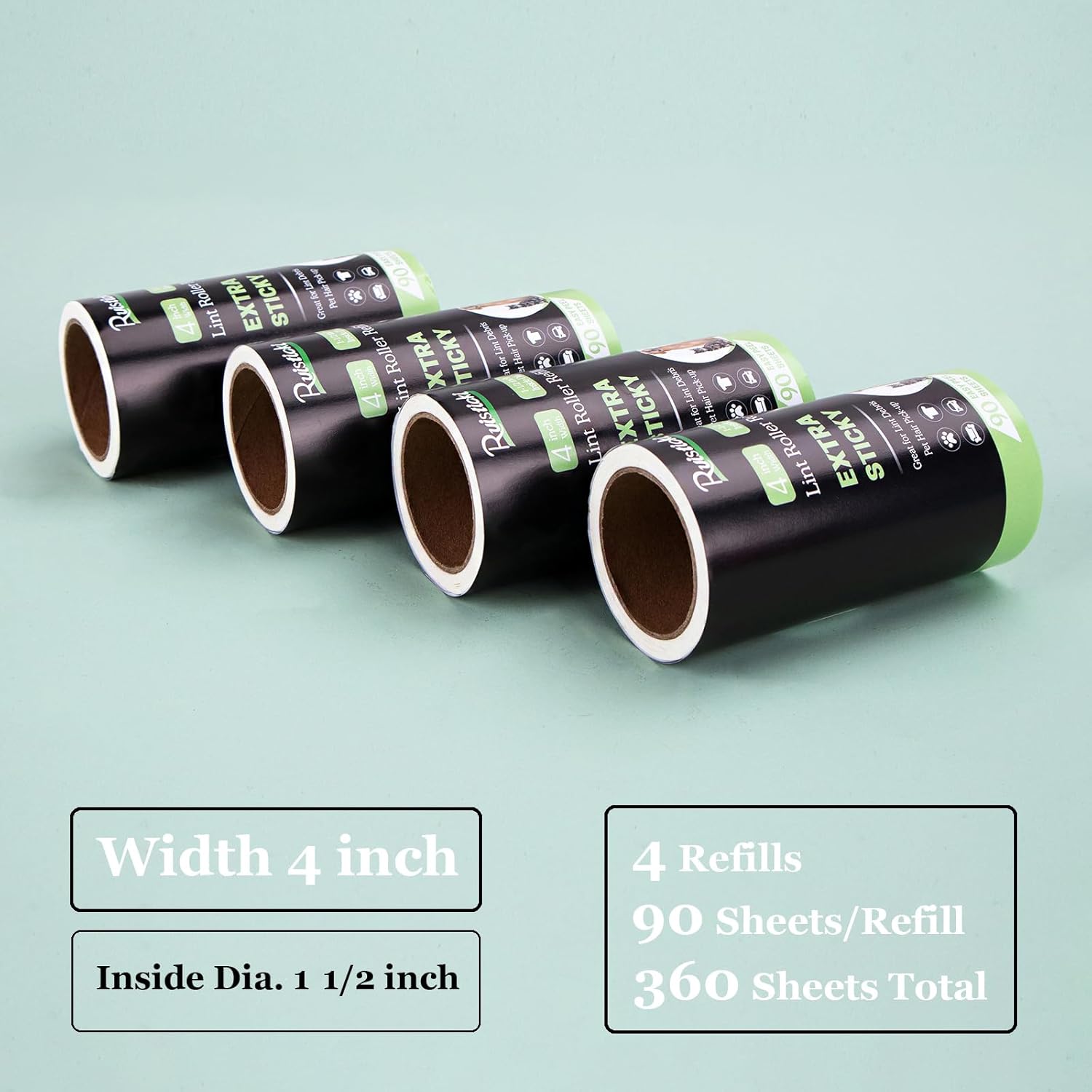 4 inch Lint Roller Refills for Amazon IKEA Evercare and Others, Extra Sticky Lint Remover Roller Refills 4 Pack, 90 Sheets per Refill, 360 Sheets Total (Inside Dia. 1 1/2 inch)