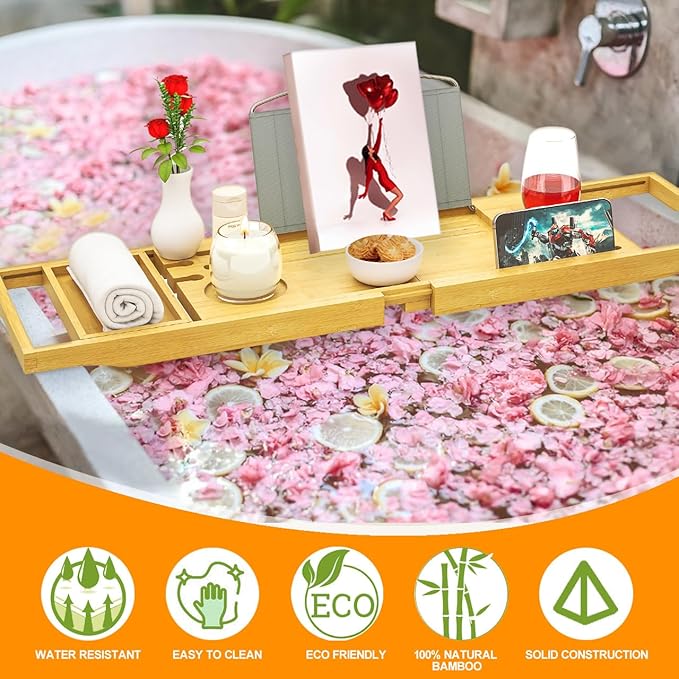 Banlilu Premium Natural Bamboo Expandable Bathtub Tray Caddy, Luxury Spa-Like - Image 3