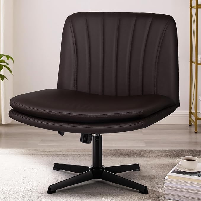 PUKAMI Criss Cross Legged Office Chair,Armless Office Desk Chair No Wheels,PU Leather Modern Swivel Vanity Chair,Height Adjustable Wide Seat Mid Back Computer Task Chair for Home Office, Brown
