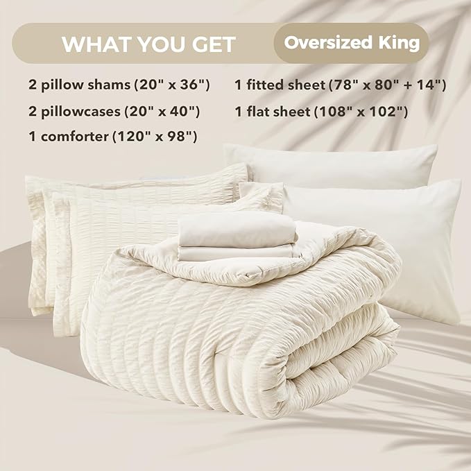 HYMOKEGE Ivory Oversized King Comforter Set Seersucker 7 Pieces, All Season - Image 5