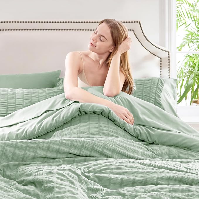 CozyLux Queen Comforter Set Sage Green Seersucker 7 Pieces Bed in a Bag Queen - Image 5