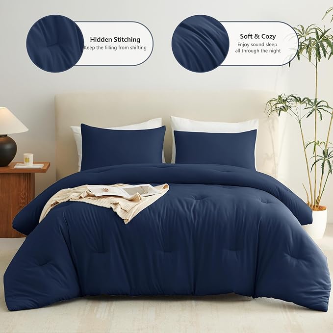 CozyLux Navy Blue Full Size Comforter Set, 3 Pieces Solid Breathable Quilted - Image 3