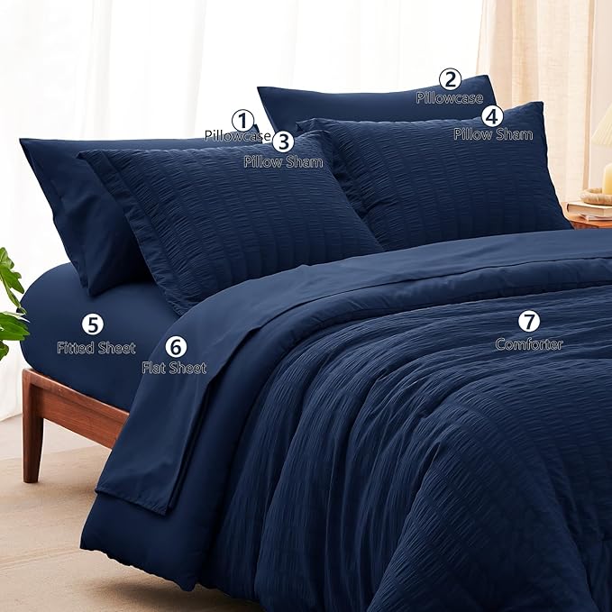 CozyLux Oversized King Comforter Set Navy Blue Seersucker 7 Pieces 120x98 Bed - Image 8