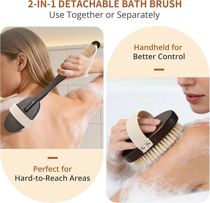 Dry & Wet Brushing Body Brush, Natural Boar Bristle Back Scrubber - Image 3