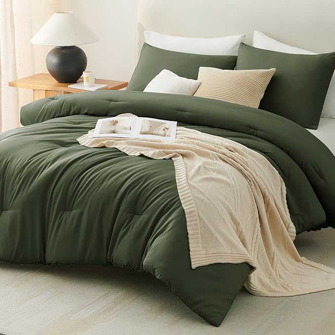 CozyLux Full Size Comforter Set Olive Green, 3 Pieces Solid Breathable Quilted - Image 7
