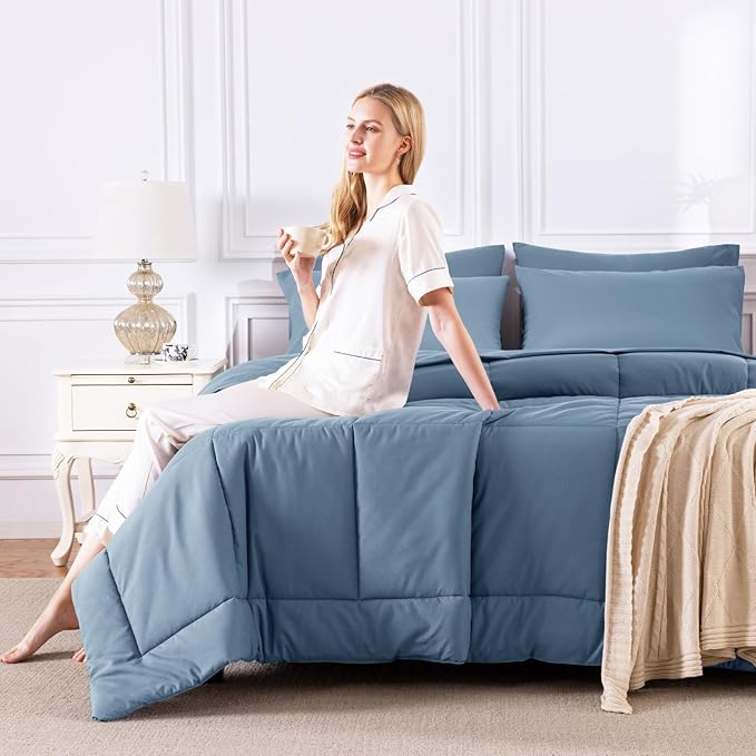 CozyLux Oversized King Comforter Sets Dusty Blue, 7 Pieces Bed in a Bag - Image 7