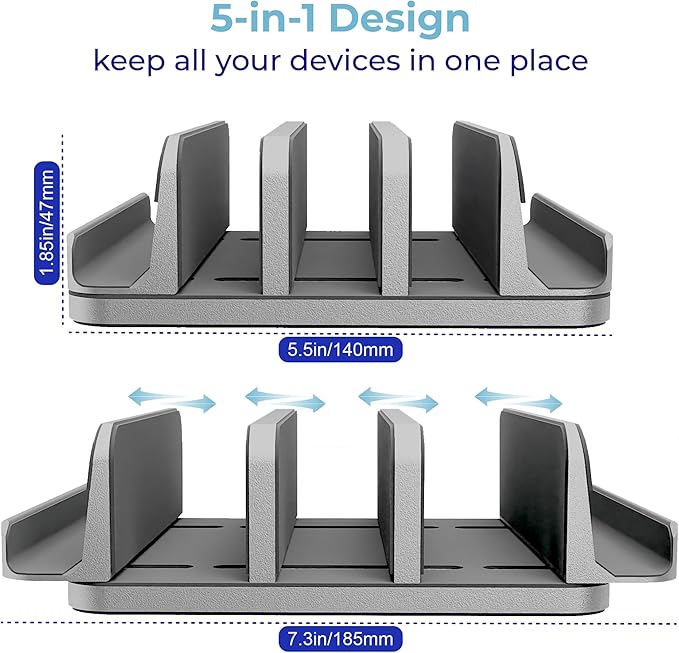 TEFONIA Vertical Laptop Stand Holder 5 Slots, Aluminum Space-Saving Laptop Holder, Adjustable Size Dock Tabletop Desk Organizer 3 Slot + 2 for Apple MacBook/Surface/PC/Tablet/iPad/iPhone (Space Gray)