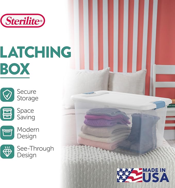 Sterilite 30-Pack Latching Box, Under Bed Storage Bins with Lids, Clear Plastic, 64 Quart - Heavy-Duty Organizing Containers for Closet, Bathroom, and Office