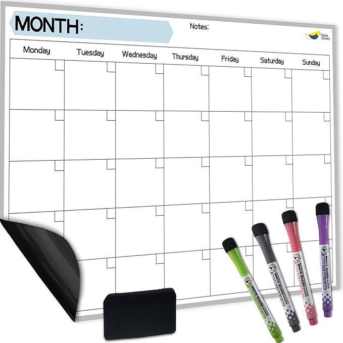 Monthly Magnetic Calendar for Refrigerator - 17x12” Stain-Resistant Dry Erase Fridge Calendar Whiteboard with Large Writing Space for Schedules, Chores & Meals - With 4 Markers & Eraser - Monday Start