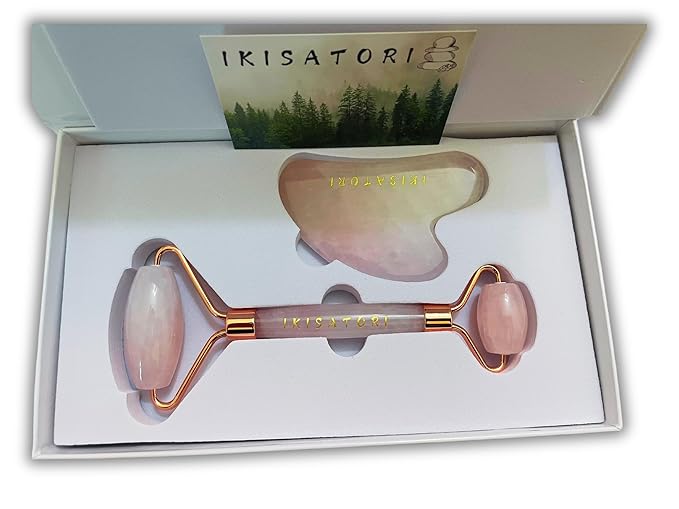 Rose Quartz Natural Stone Curved Facial Roller & Guasha Set - Image 6