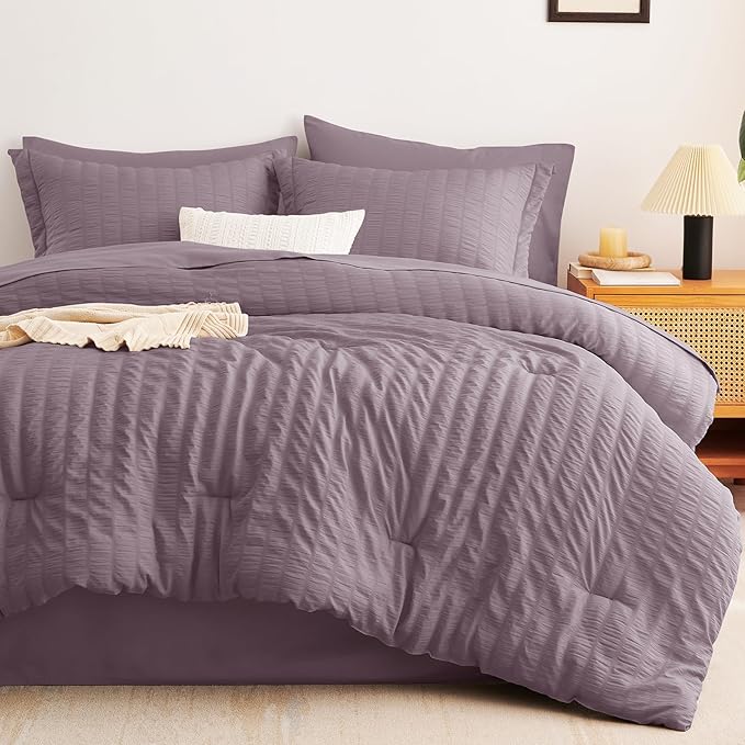 CozyLux King Size Comforter Set Dusty Purple Seersucker 7 Pieces Bed in a Bag - Image 9