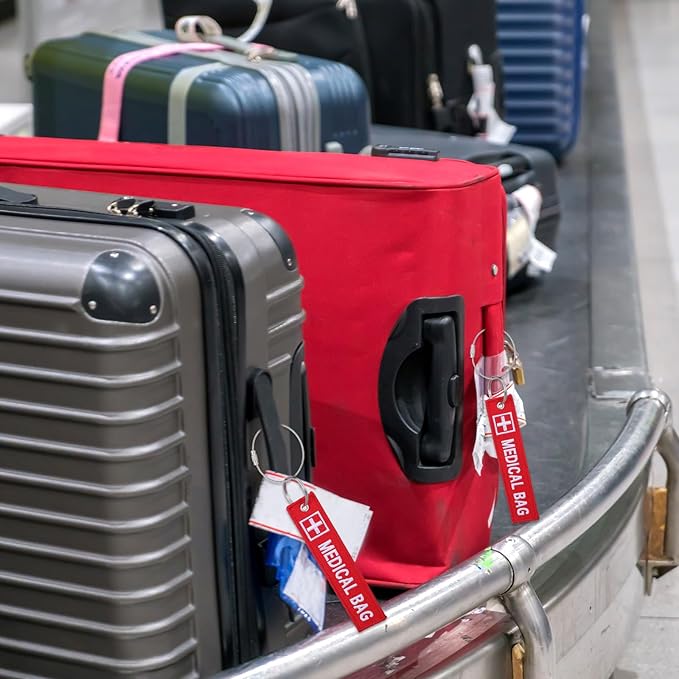 Medical Alert Tags for Bag, 2 Pcs Medical Equipment Device Luggage Id Tag Double-Sided Travel Bags Tags Reusable Red Bags Keychain Label for Backpack Luggage Suitcase Purse, Red