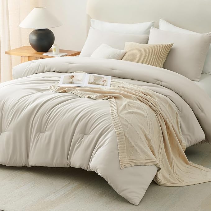 CozyLux Full Size Comforter Set Beige, 3 Pieces Solid Breathable Quilted - Image 9