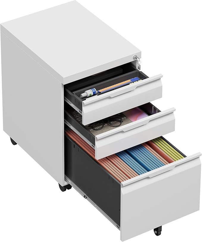 LONGLINK 3 Drawer Mobile File Cabinet with Lock,Under Desk Metal Filing Cabinets with Wheels for Home Office Organizer Letters/Legal/A4(Easy Assemble-White)
