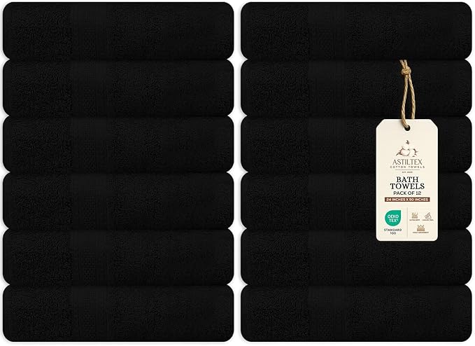 Bulk Large Bath Towels Set of 12 – 100% Cotton Terry – 24" x 50" – Quick Dry by ASTILTEXCottonTowels