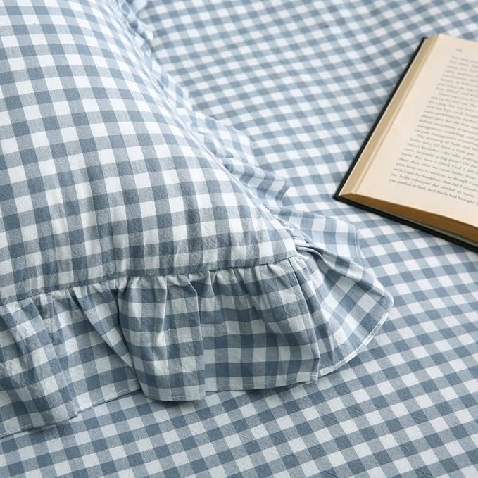 Silnuo Light Blue/White Plaid Ruffle Duvet Cover Queen Size, 100% Washed Cotton - Image 6