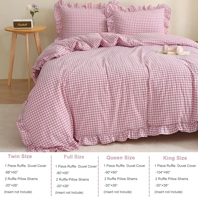Silnuo Vintage Pink/White Plaid Ruffle 3-Piece Duvet Cover Set King Size - Image 3