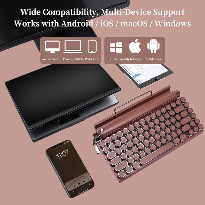 Adventurers Retro Typewriter-Style Mechanical Keyboard, 83 Keys, 75% Compact Layout, Bluetooth 5.0 and Wired, Hot-Swappable Blue Switch, White Backlit for Windows/Mac/iPad/PC/Laptop (Rosewood Red)