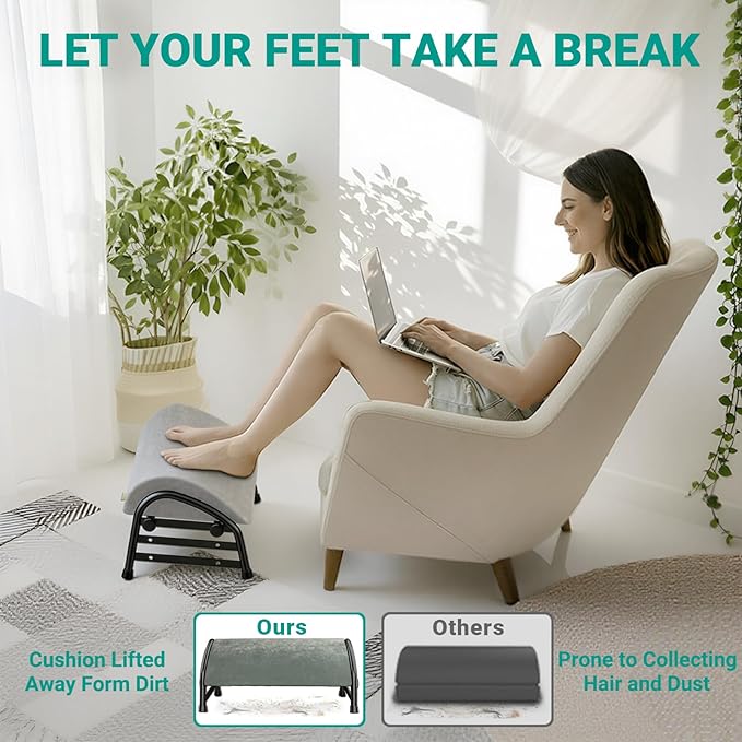 YEASHEIN Adjustable Foot Rest for Under Desk at Work, Velvet Under Desk Footrest with Metal Frame, Padded Foot Stools for Under Office Desk, Ergonomic Leg Rest for Desk Chair, Car, Computer - Gray