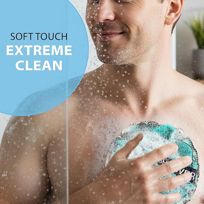SHOWER BOUQUET Loofah-Charcoal Bath-Sponge XL-4-Pack-Blue-Green // Extra Large - Image 4