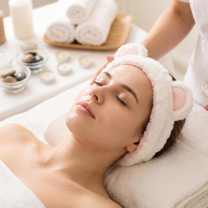 Bear Ears Headband, Cute Spa Headband and Wristband Set Washing Face Skincare - Image 5
