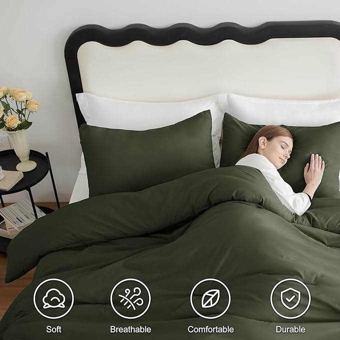 CozyLux Queen Comforter Set Dark Green, 3 Pieces Solid Comforters Queen Size - Image 5